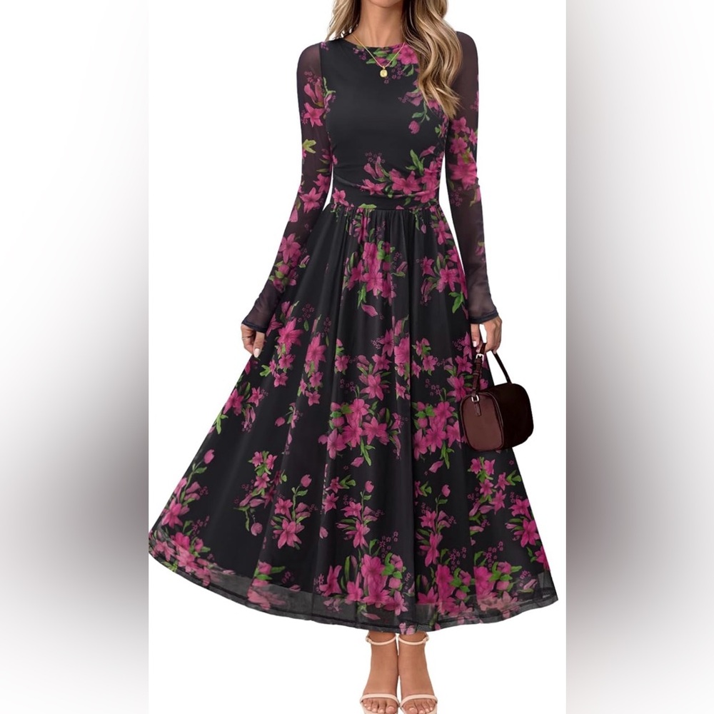 Chic Black and Pink Floral Long Sleeve Dress